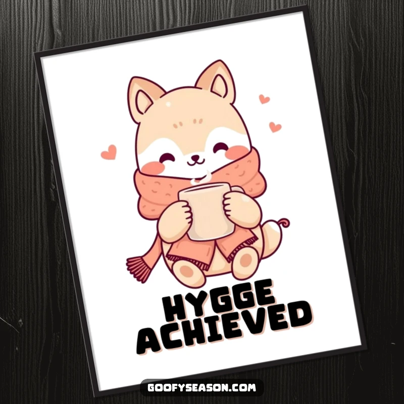 Funny kawaii animal character bundled in a scarf, holding a steaming mug, creating a warm and inviting wall art piece.