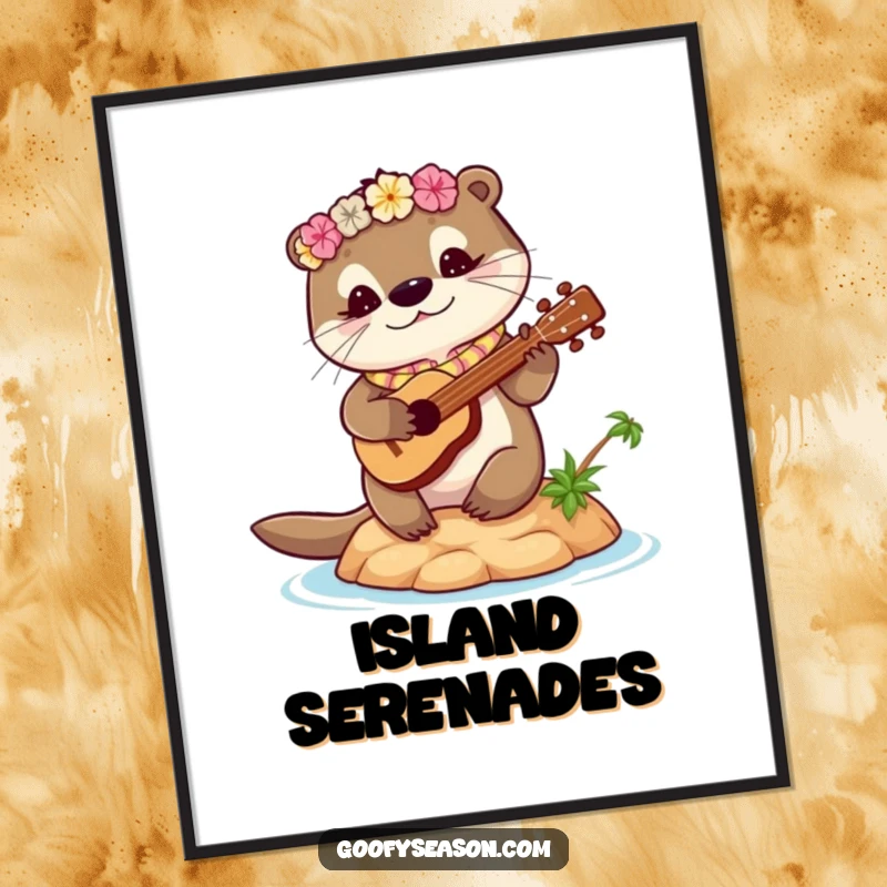 Funny otter poster of a cute otter wearing a lei, strumming a ukulele on a tiny island. Hilarious tropical music art.