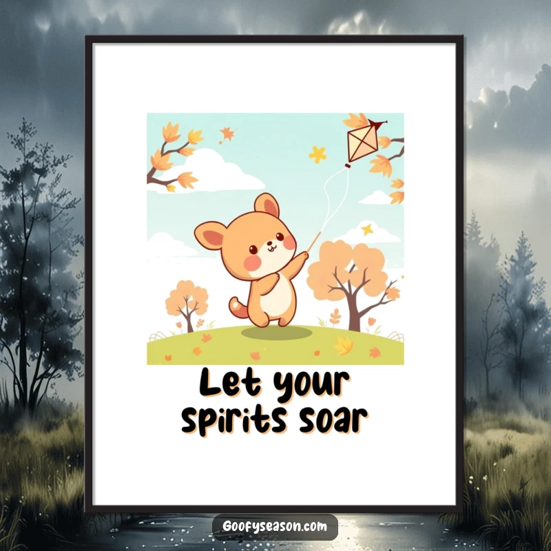 Funny kawaii animal character flying a kite on a breezy autumn day, bringing outdoor joy to this poster.