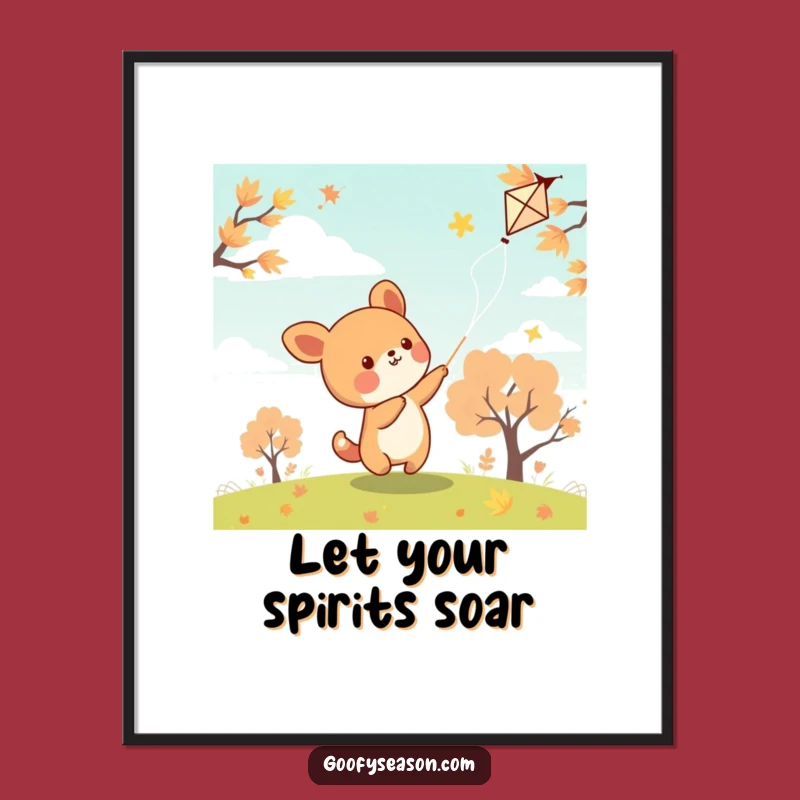 Funny Kawaii Kite Flyer Poster - Autumn Animal Art, Charming Funny Gift Decor