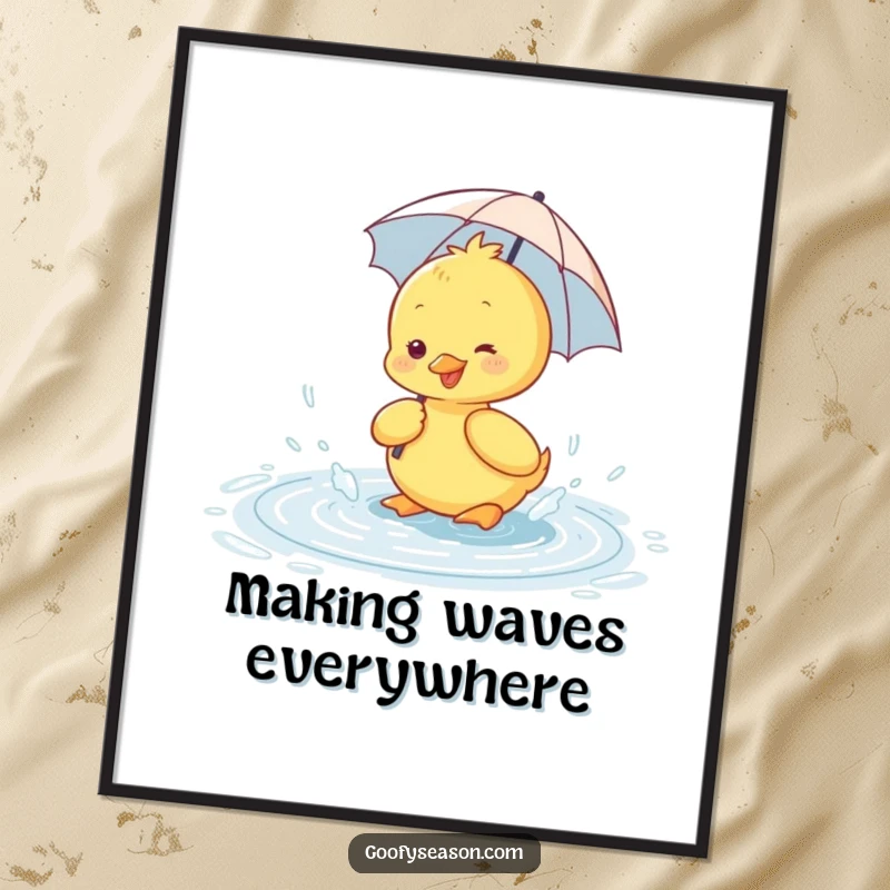 Funny poster art of a happy duckling wearing a tiny umbrella, splashing exuberantly in a rain puddle.