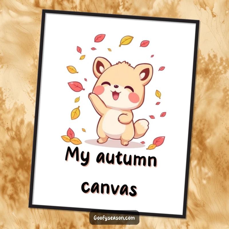 Funny kawaii animal character playfully tossing colorful autumn leaves in the air, creating a vibrant wall art piece.