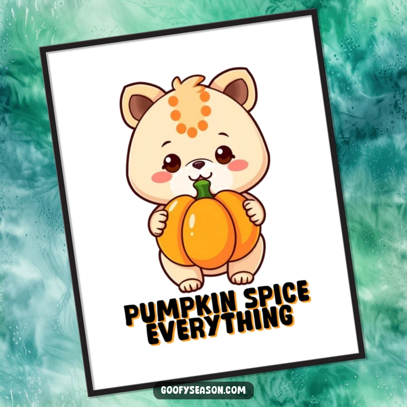 Funny kawaii animal character holding a big pumpkin with a wide, happy grin, bringing seasonal cheer to this poster.