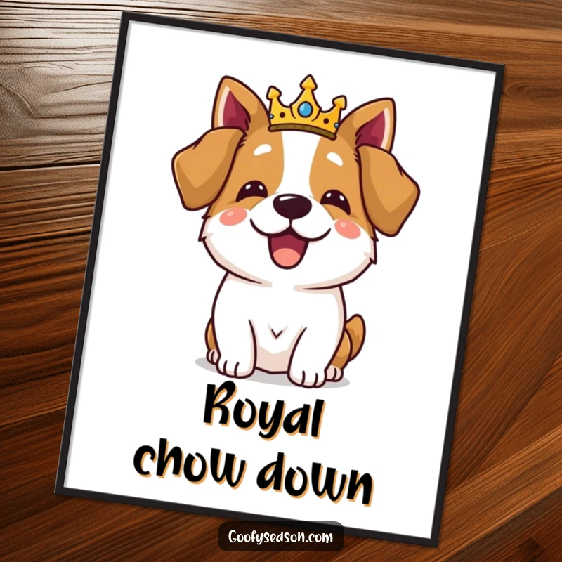 Funny dog wearing a small crown, celebrating a royal feast with extravagant food, presented as wall art.