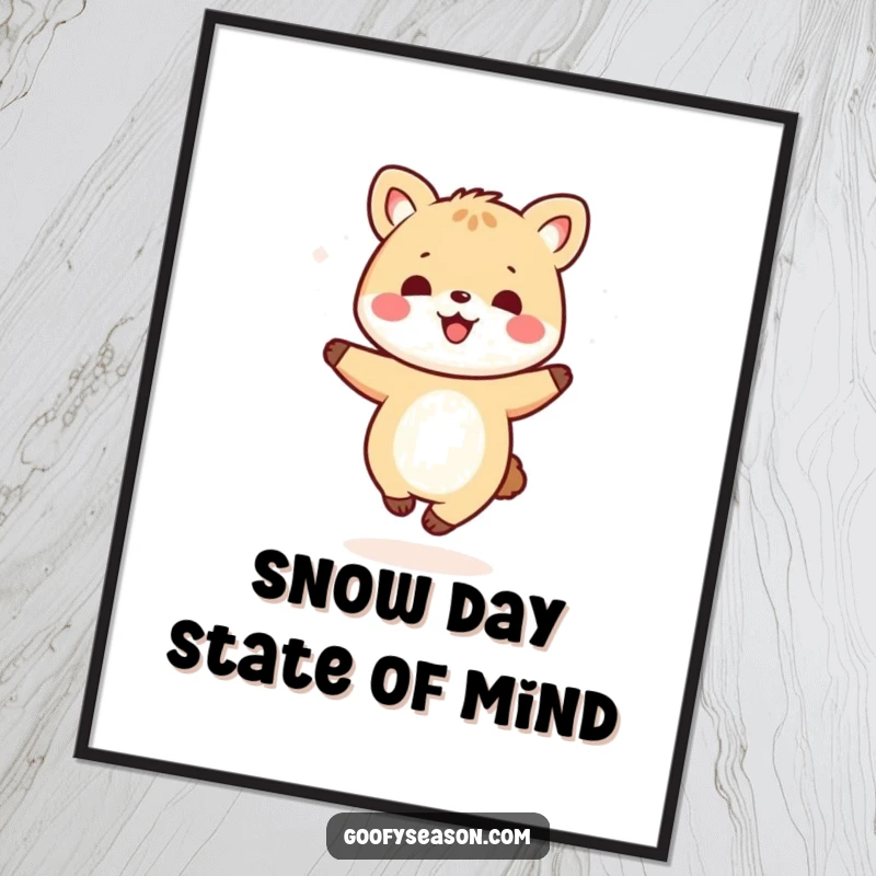Funny kawaii animal character joyfully dancing in a winter wonderland setting with falling snowflakes, perfect for wall art.