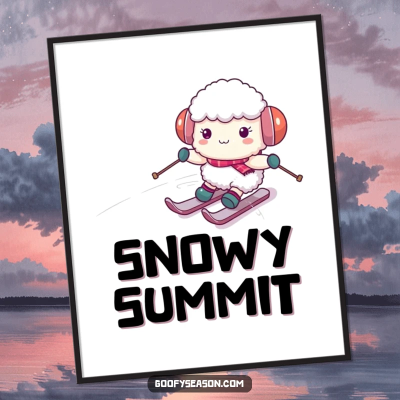 Funny sheep character wearing earmuffs, skiing down a snowy hill on a poster, celebrating winter sports and playful moments.