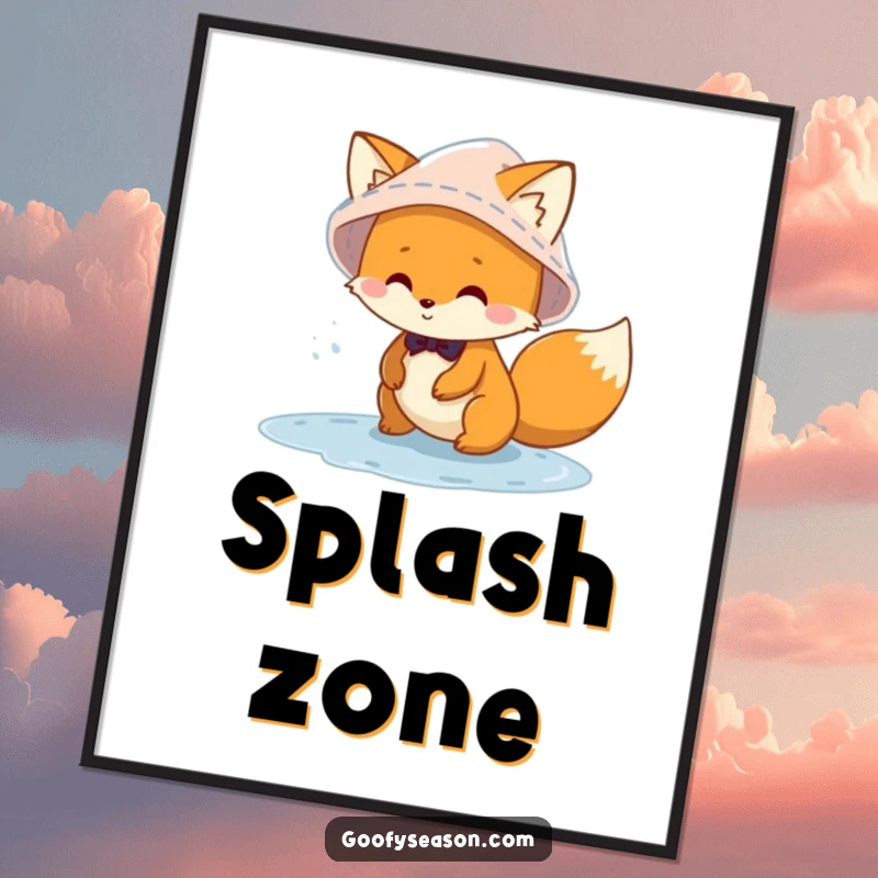 Funny mischievous fox character wearing a rain hat, splashing in puddles on a poster, celebrating the joy of rainy days.