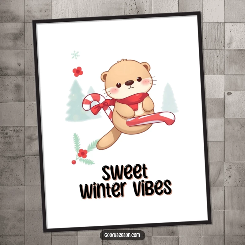 Funny Kawaii otter enjoying a candy cane float during winter merriment, depicted in a festive poster.