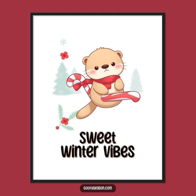 Funny Kawaii Otter Candy Cane Float Poster - Festive Winter Decor