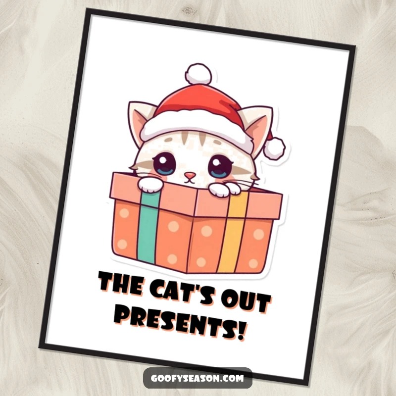 Funny cat poster art showing a curious cat in a Santa hat peeking from a Christmas present, festive and cheerful.