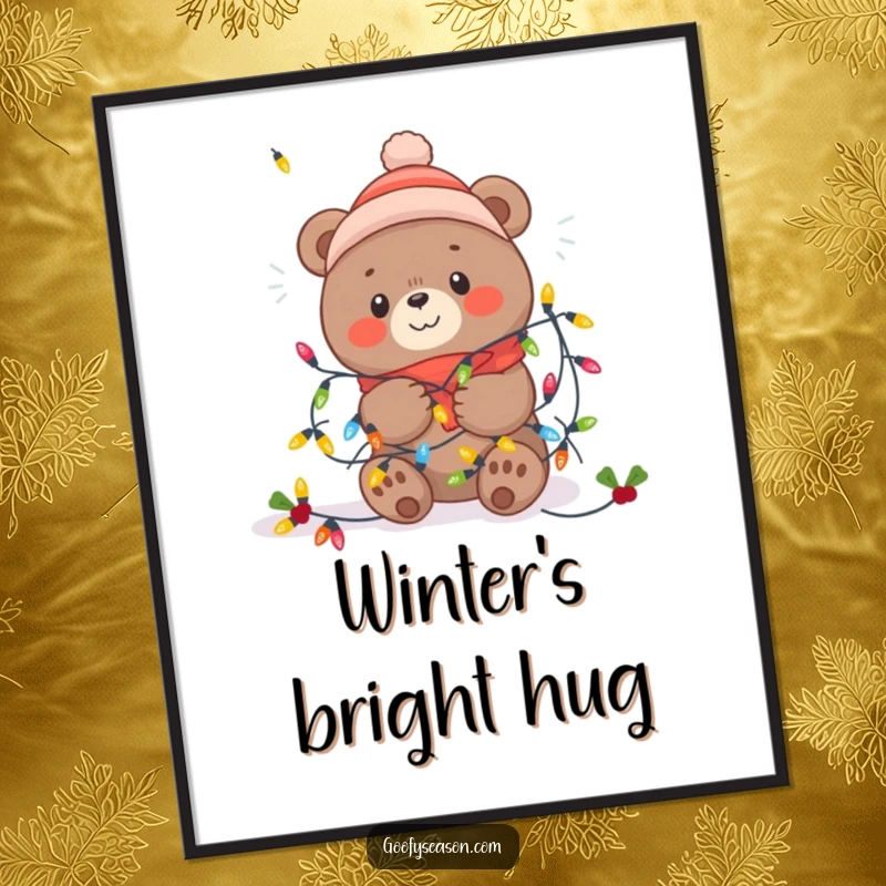 Funny Kawaii bear humorously entangled in bright, cheerful festive winter lights, displayed as wall art.