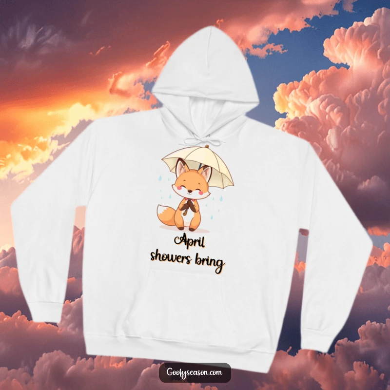 Funny Kawaii fox holding an umbrella against cheerful spring raindrops, featured on a warm and humorous hoodie.