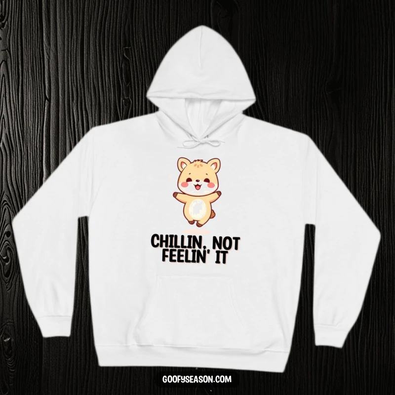 Funny kawaii animal in a lively dance pose amidst soft falling snowflakes, featured on a warm and cozy hoodie.