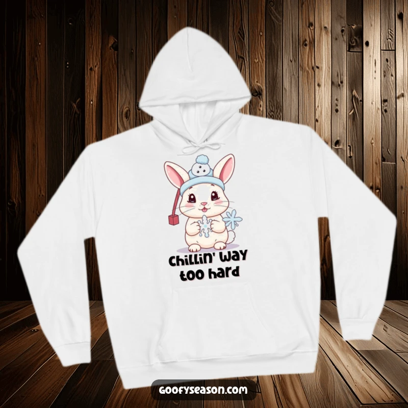 Funny hoodie featuring a cute bunny wearing a tiny snowman hat and holding a melting snowflake, offering cozy winter comfort and adorable style.