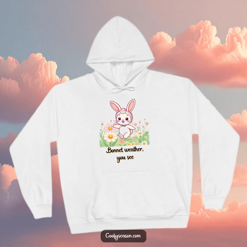 Funny bunny hoodie with a cheerful rabbit in a spring bonnet, hopping through a field of giant, colorful flowers.