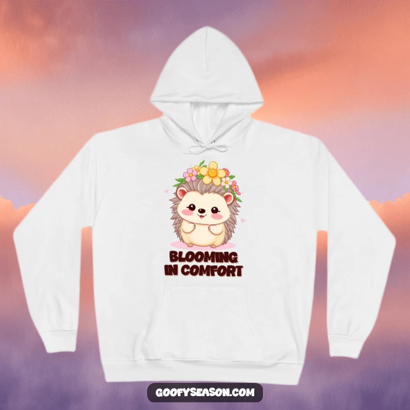 Funny Kawaii hedgehog wearing a flower crown, beaming happily during spring, on a cozy hoodie.