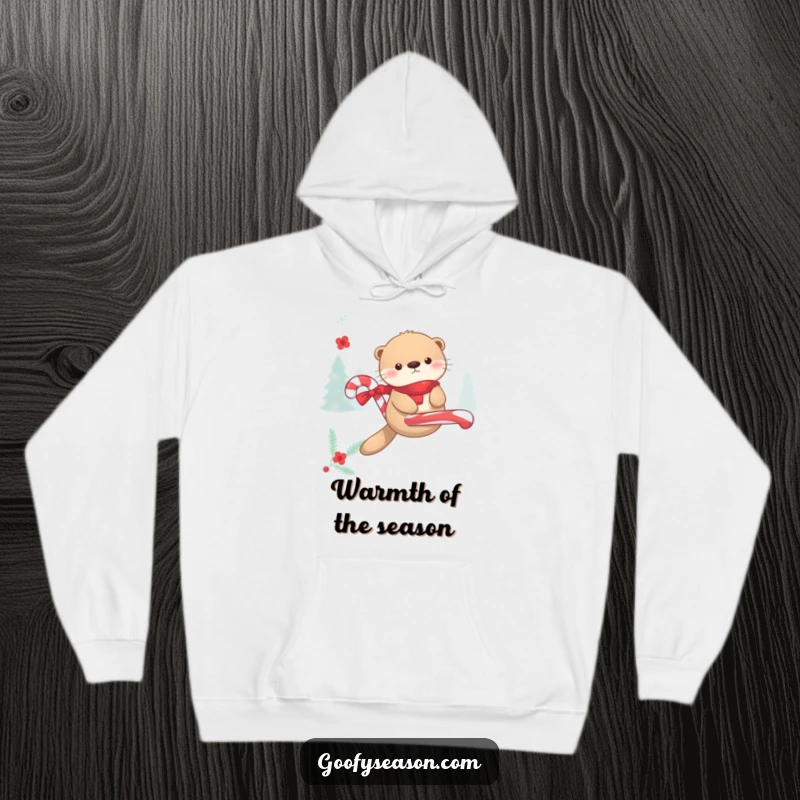 Funny Kawaii otter enjoying a candy cane float during winter merriment on a cozy hoodie, perfect for holidays.