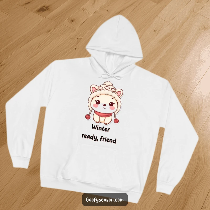Funny kawaii animal character in a silly woolly hat with rosy cheeks, looking snug and adorable in this hoodie.