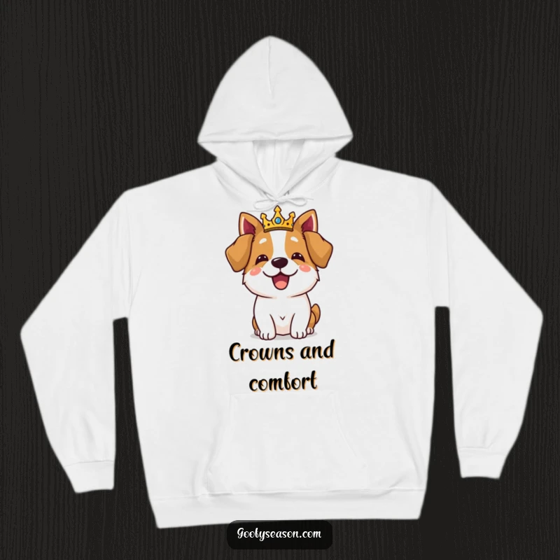 Funny dog in a tiny crown feasting regally, featured on a cozy hoodie for a touch of humor.