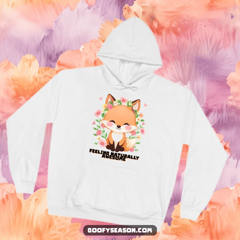 Funny hoodie featuring a happy fox wearing a spring wreath, surrounded by blooming flowers, offering cozy comfort and vibrant springtime vibes.
