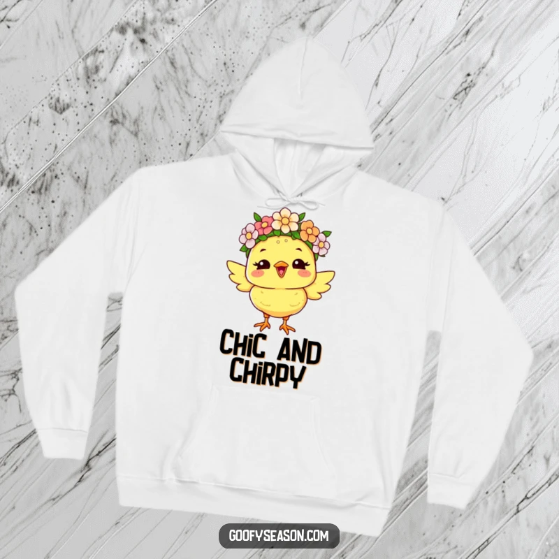 Funny hoodie featuring a joyous chick character wearing a beautiful flower crown, bringing a dose of humorous spring celebration.