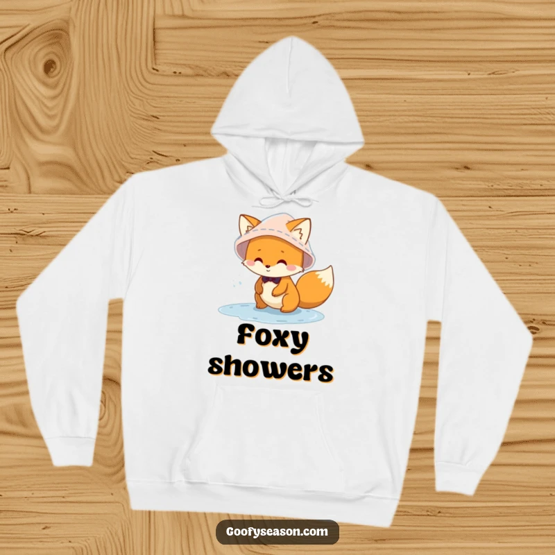 Funny mischievous fox character wearing a rain hat, splashing in puddles on a cozy hoodie, ideal for rainy day comfort.