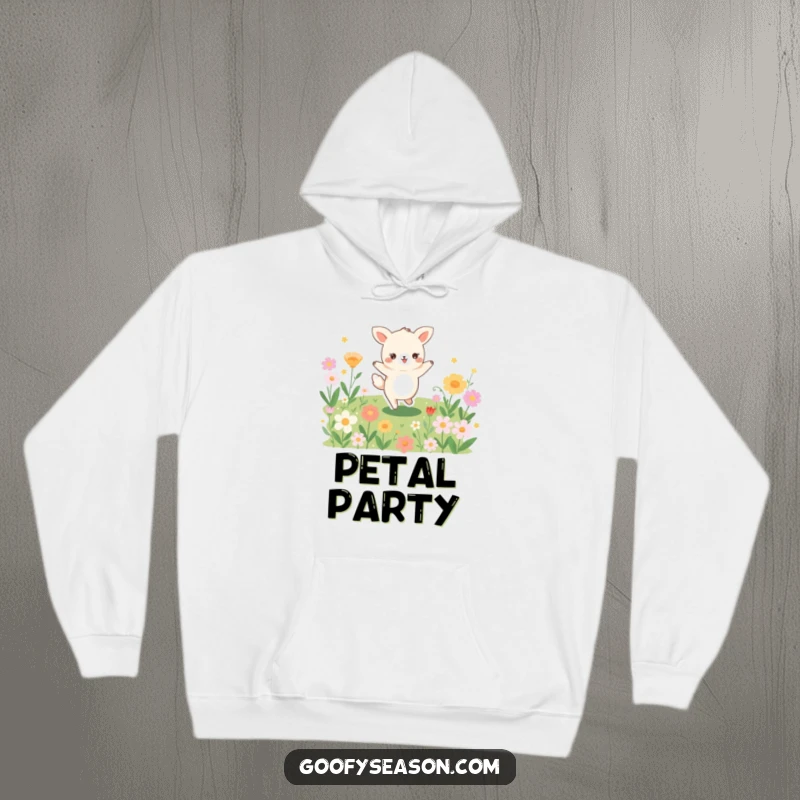 Funny hoodie featuring a joyful animal character gleefully dancing among a profusion of brightly colored blooming flowers in a meadow.