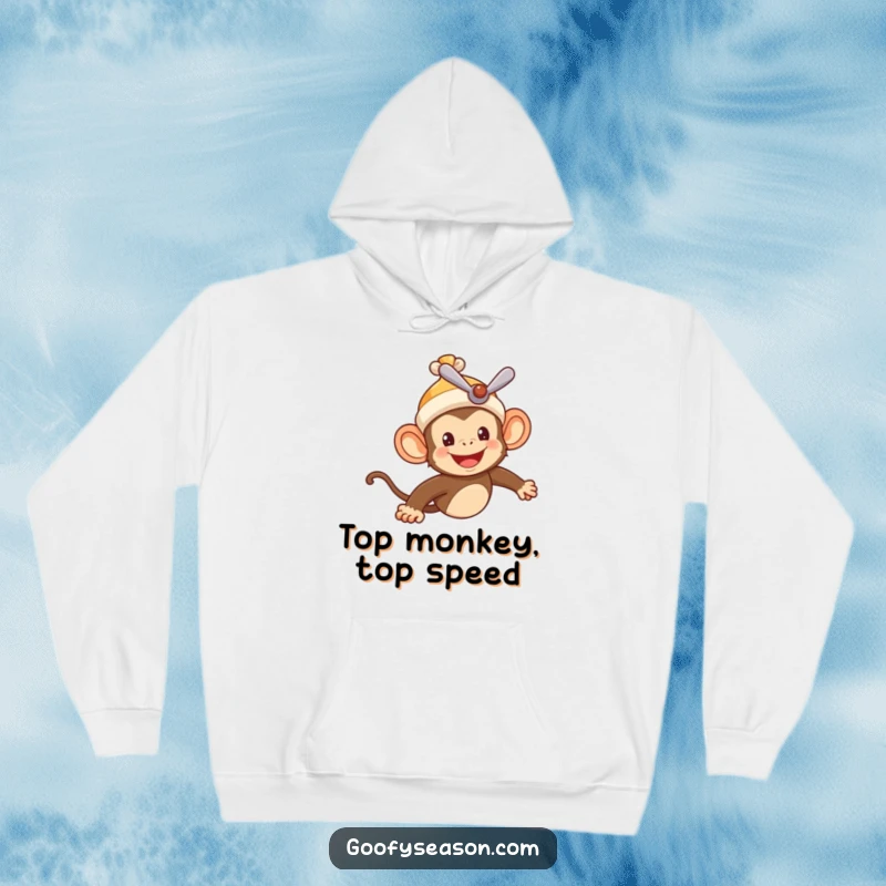 Funny hoodie featuring a cheerful monkey pilot in a propeller beanie, flying high in a summer sky, blending warmth with humor.