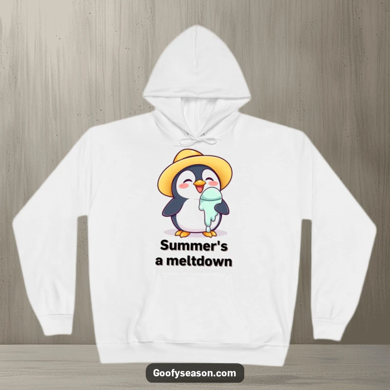Funny Hoodie: A happy penguin in a sun hat struggles with a melting ice cream cone.