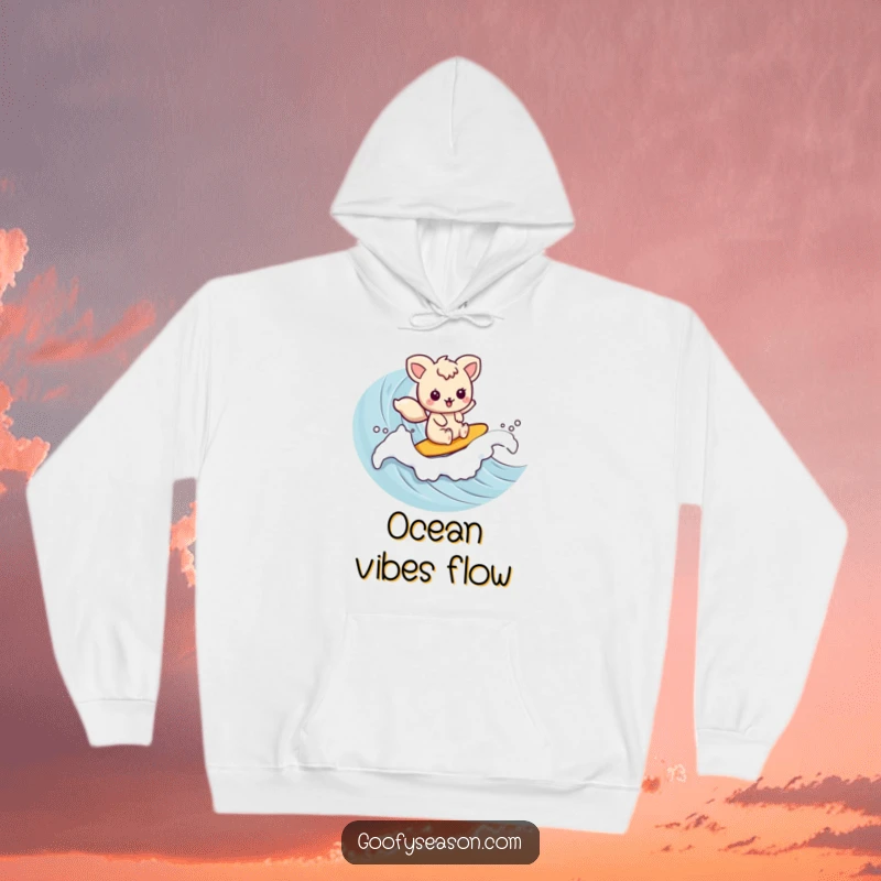 Funny kawaii animal character enjoying a wave ride, wrapped in comfort with this warm and funny hoodie.