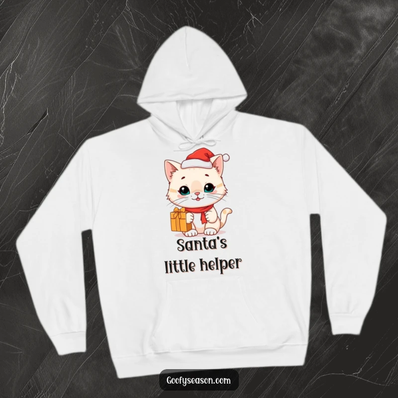 Funny cat character in a Santa hat with a gift on a cozy hoodie, perfect for holiday comfort, funny gift.