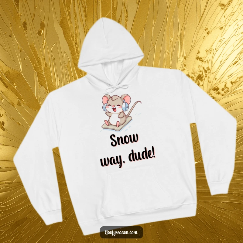 Funny Hoodie: A happy mouse in earmuffs slides down a snowy hill with a big giggle.