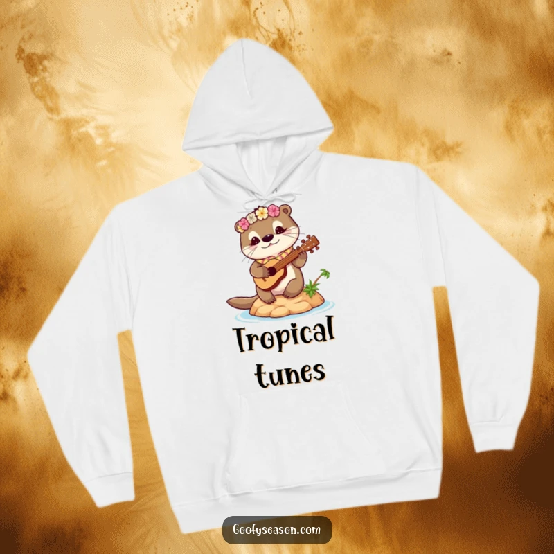 Funny otter hoodie showing a cute otter with a lei playing a ukulele on a small island. Cozy and humorous.