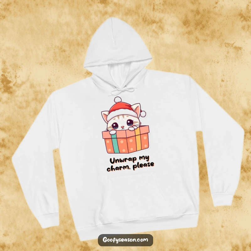 Funny cat hoodie featuring a curious cat in a Santa hat, peeking out of a gift box, perfect for winter holidays.