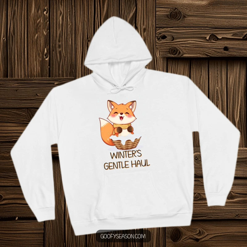 Funny Fox Hoodie: A smiling fox enthusiastically catching falling snowflakes in a basket, perfect for cozy winter days.