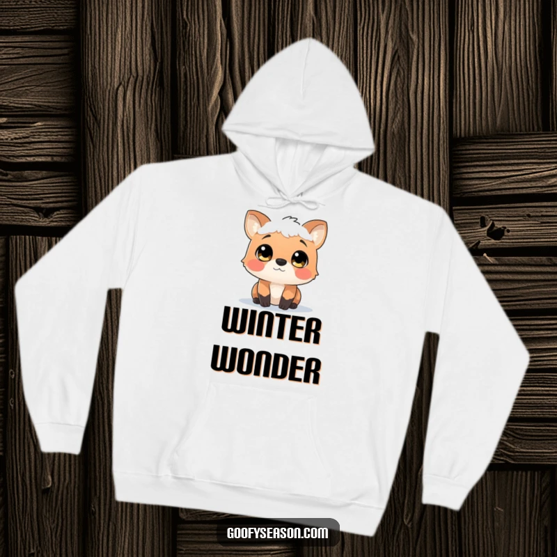 Funny hoodie featuring a curious animal character with wide, wonder-filled eyes, captivated by a gentle, falling snowfall.