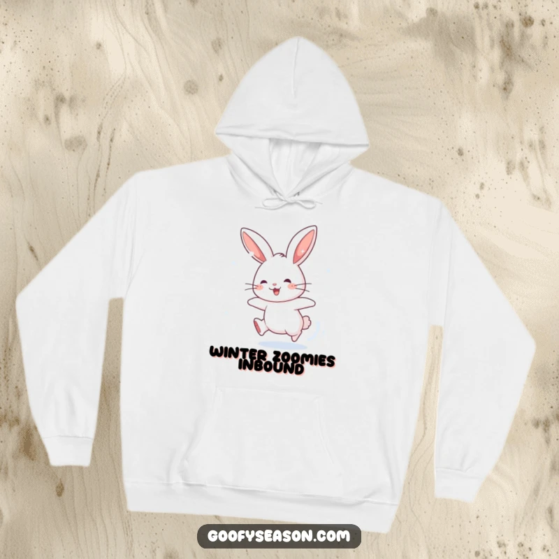 Funny hoodie featuring an energetic rabbit character chasing snowflakes, embodying a humorous and playful winter scene.
