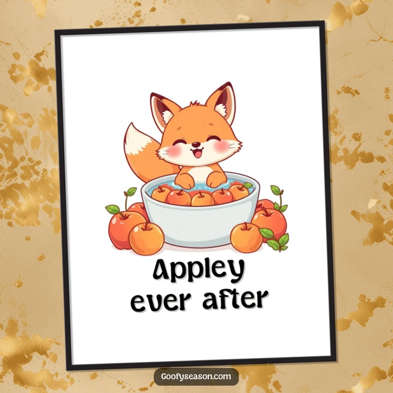 Funny Free Printable Wall Art: A comical kawaii fox gleefully bobbing for apples, bringing playful energy to any wall.
