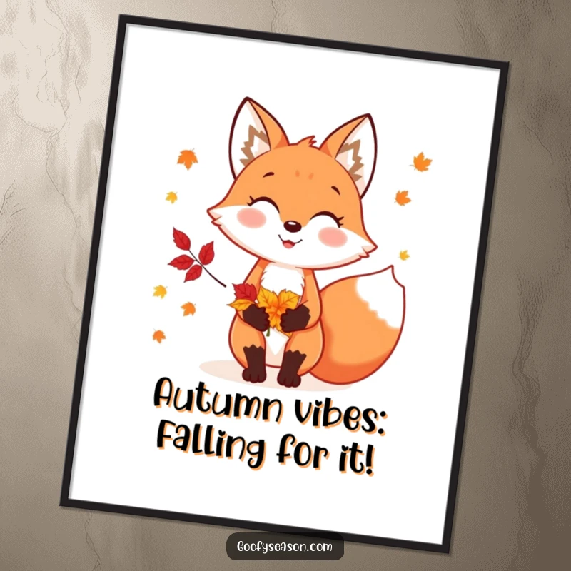 Funny Free Printable Wall Art shows a cheerful fox holding a beautiful assortment of colorful autumn leaves, celebrating the season.