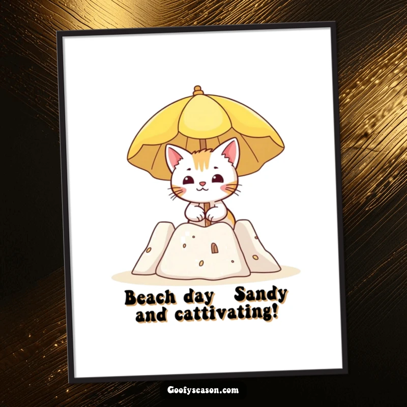 Funny Free Printable Wall Art shows a curious cat holding a sun umbrella next to a detailed sandcastle on a sunny beach.