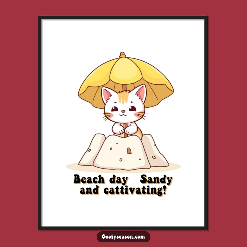 Funny Free Printable Wall Art: Cat Beach Sandcastle Umbrella, Downloadable Decor