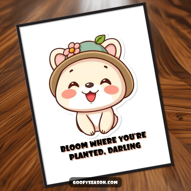 Funny Free Printable Wall Art: A smiling kawaii animal character wearing a tiny hat decorated with a vibrant flower.