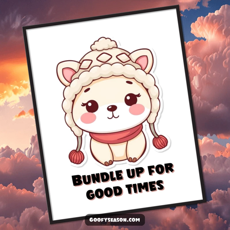 Funny Free Printable Wall Art: Kawaii animal wears a silly woolly hat, rosy cheeks glowing with warmth.