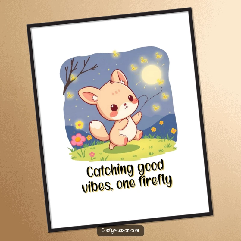 Funny Free Printable Wall Art: A kawaii animal character playfully chasing luminous fireflies on a warm summer night.