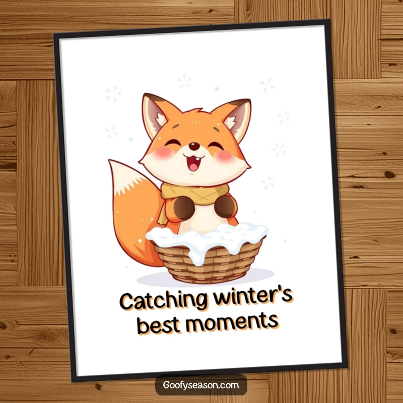 Funny Free Printable Wall Art: Smiling fox enthusiastically catching falling snowflakes in a basket, creating a charming winter scene.