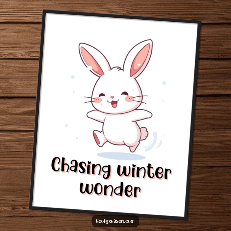 Funny Free Printable Wall Art: Energetic rabbit character gleefully chasing falling snowflakes in a winter wonderland, full of motion.