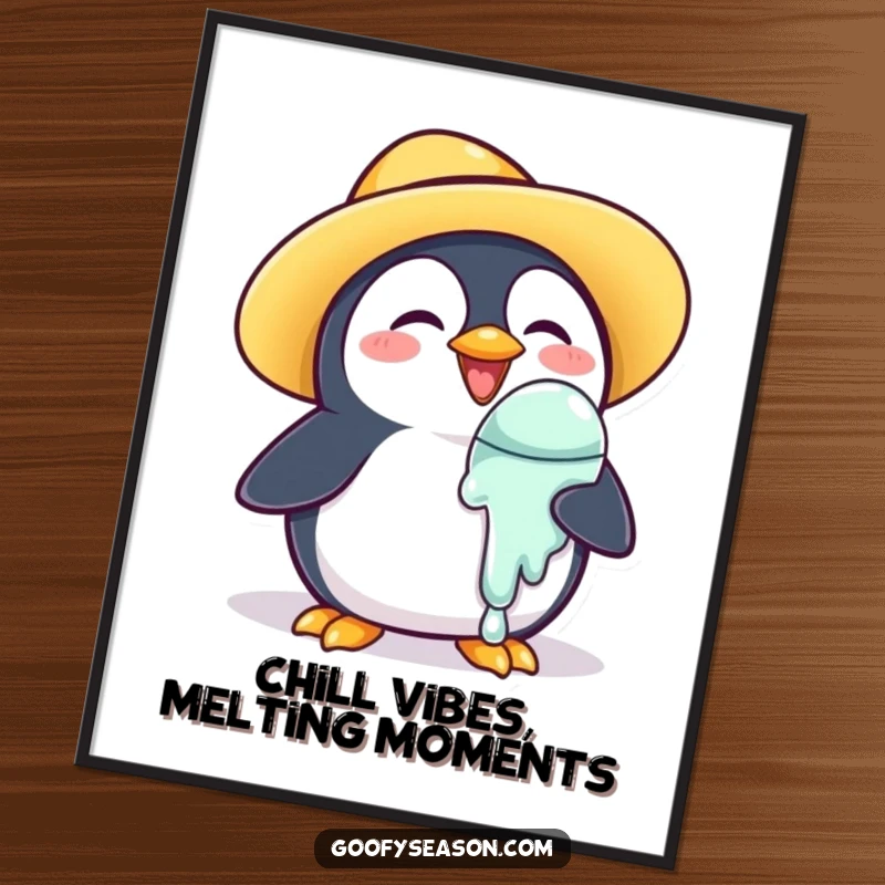 Funny Free Printable Wall Art: A joyful penguin wearing a sun hat, desperately holding a melting ice cream cone.
