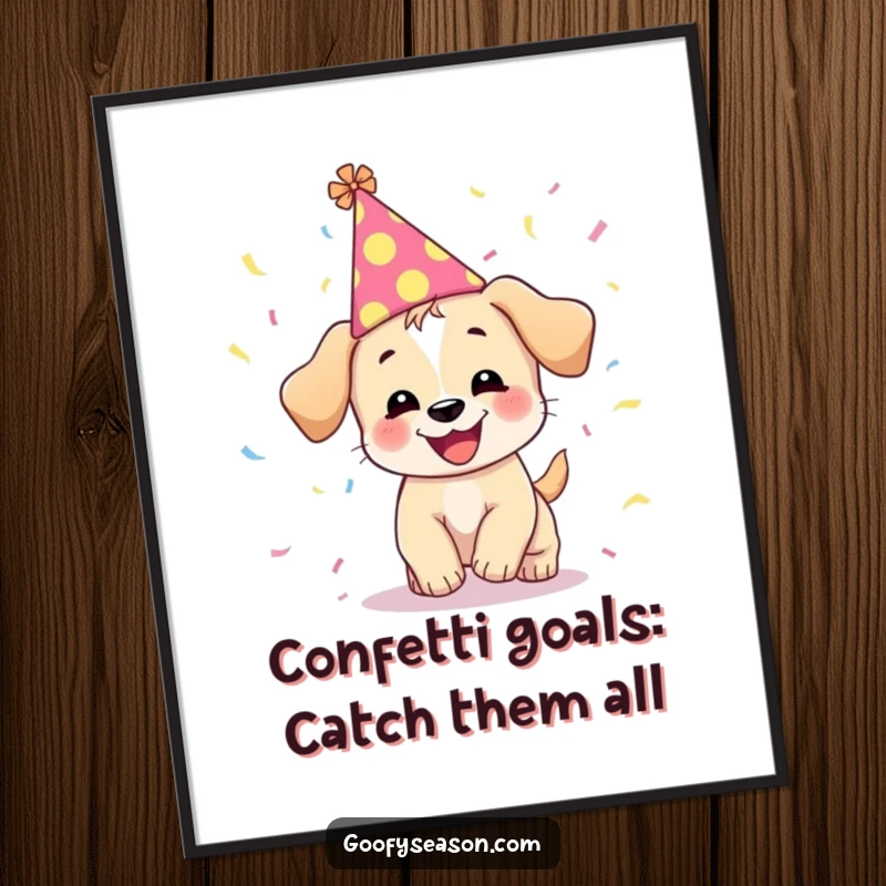 Funny Free Printable Wall Art depicts a giggling puppy in a festive hat, gleefully chasing falling confetti.