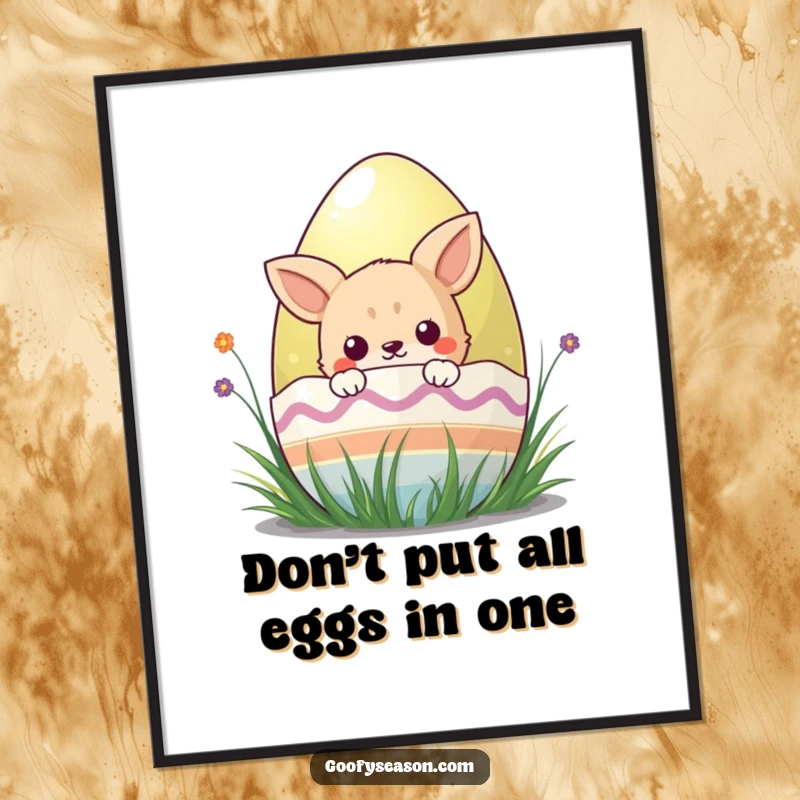 Funny Free Printable Wall Art: Kawaii animal peeks mischievously from behind a large, vibrantly colored Easter egg.