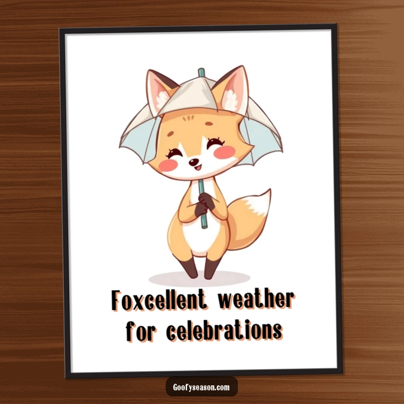 Funny Free Printable Wall Art: A smiling fox with a tiny umbrella dancing joyfully in gentle rain.